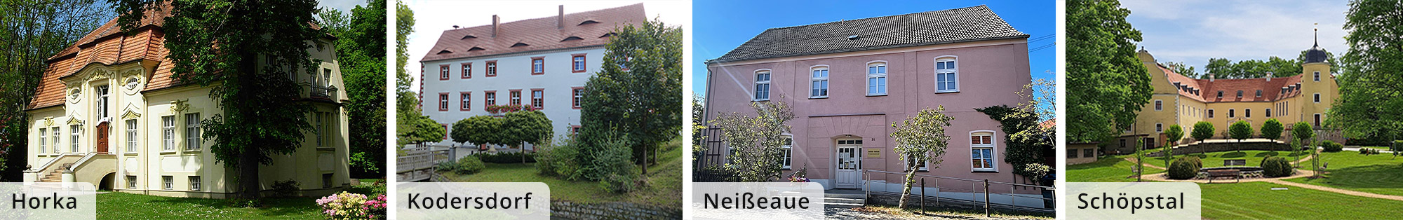 Gemeindeamt Horka, Verwaltungsgebäude Kodersorf, Gemeindeamt Neißeaue in Groß Krauscha, Wasserschloss Ebersbach und Gemeindeamt Schöpstal